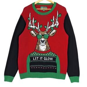 Ugly Christmas Sweater Large Let It Glow Holiday Reindeer Pullover Funny Novelty